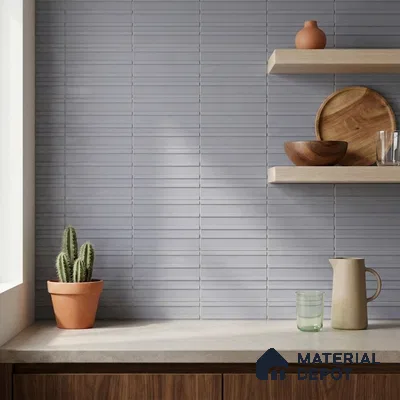 Modern Kitchen with Grey Fluted Linear Backsplash Tile and Walnut Cabinets