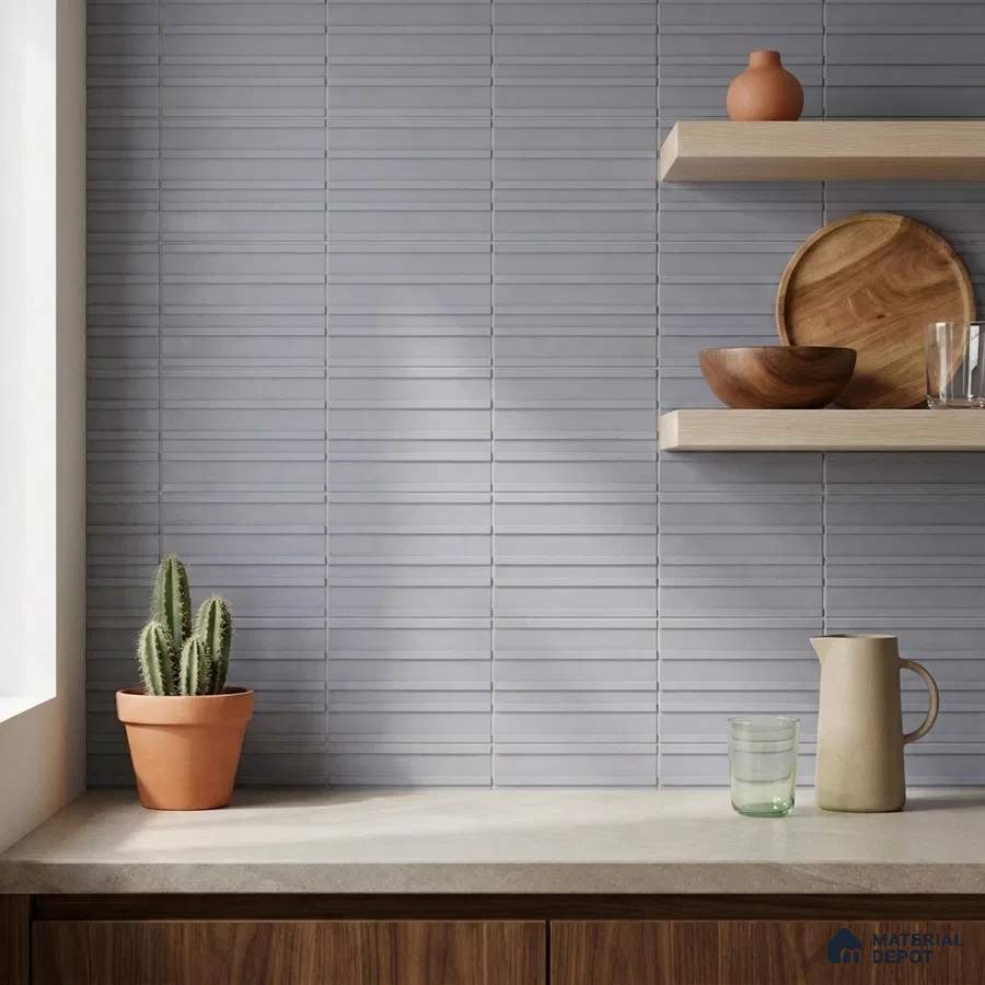 Modern Kitchen with Grey Fluted Linear Backsplash Tile and Walnut Cabinets