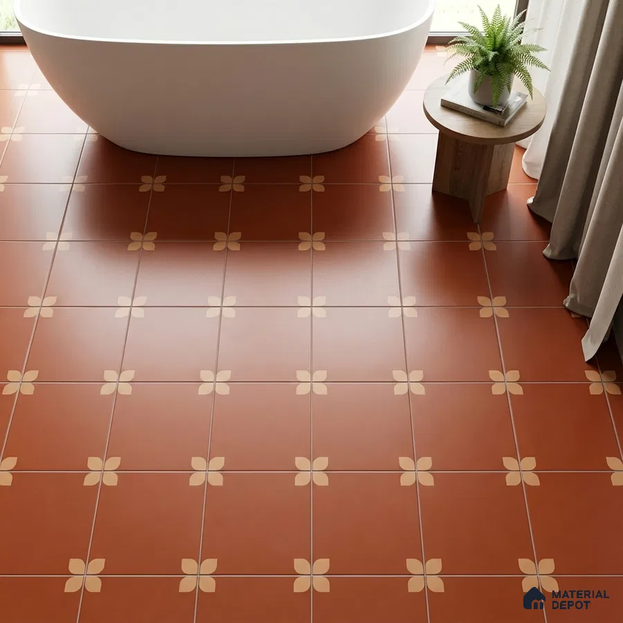 Modern bathroom with terracotta floral patterned floor tiles and freestanding tub