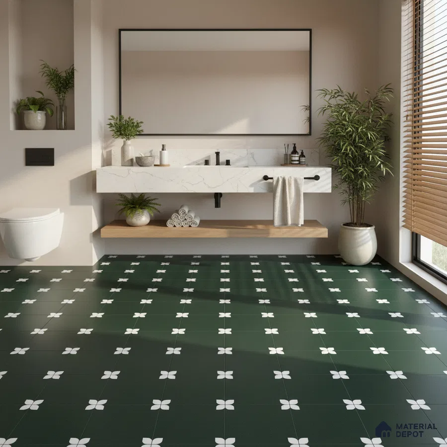 Modern bathroom with white marble vanity and green floral patterned floor tiles