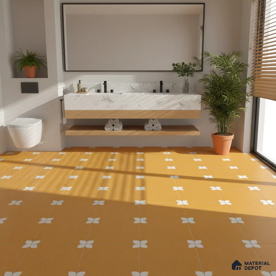 Modern bathroom with marble vanity, orange patterned floor tiles, and wood accents