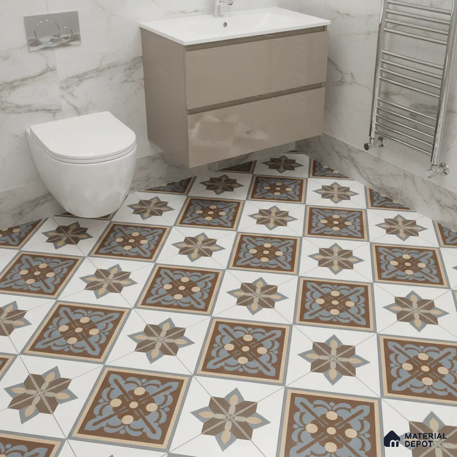 Modern bathroom with marble wall tiles and blue-brown geometric patterned floor tiles