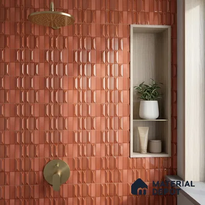 Modern Bathroom with Terracotta Picket Fluted Shower Tile and Brass Fixtures