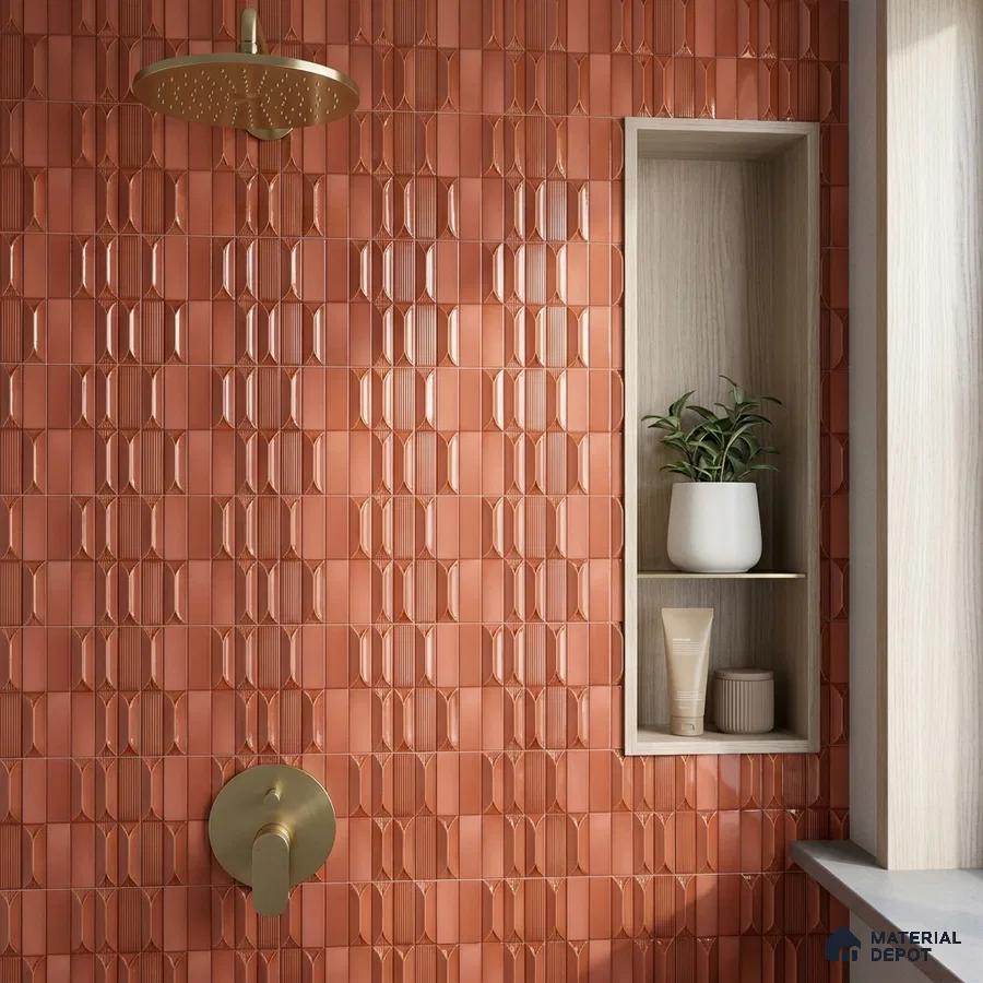 Modern Bathroom with Terracotta Picket Fluted Shower Tile and Brass Fixtures