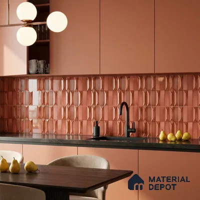 Modern Kitchen with Terracotta Picket Fluted Backsplash Tile and Terracotta Cabinets