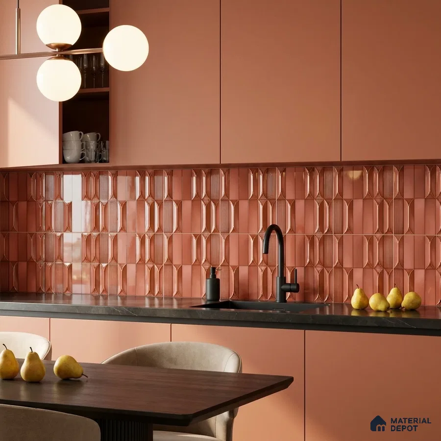Modern Kitchen with Terracotta Picket Fluted Backsplash Tile and Terracotta Cabinets