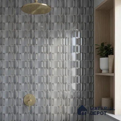 Modern Bathroom with Grey Picket Lantern Shower Tile and Brass Fixtures