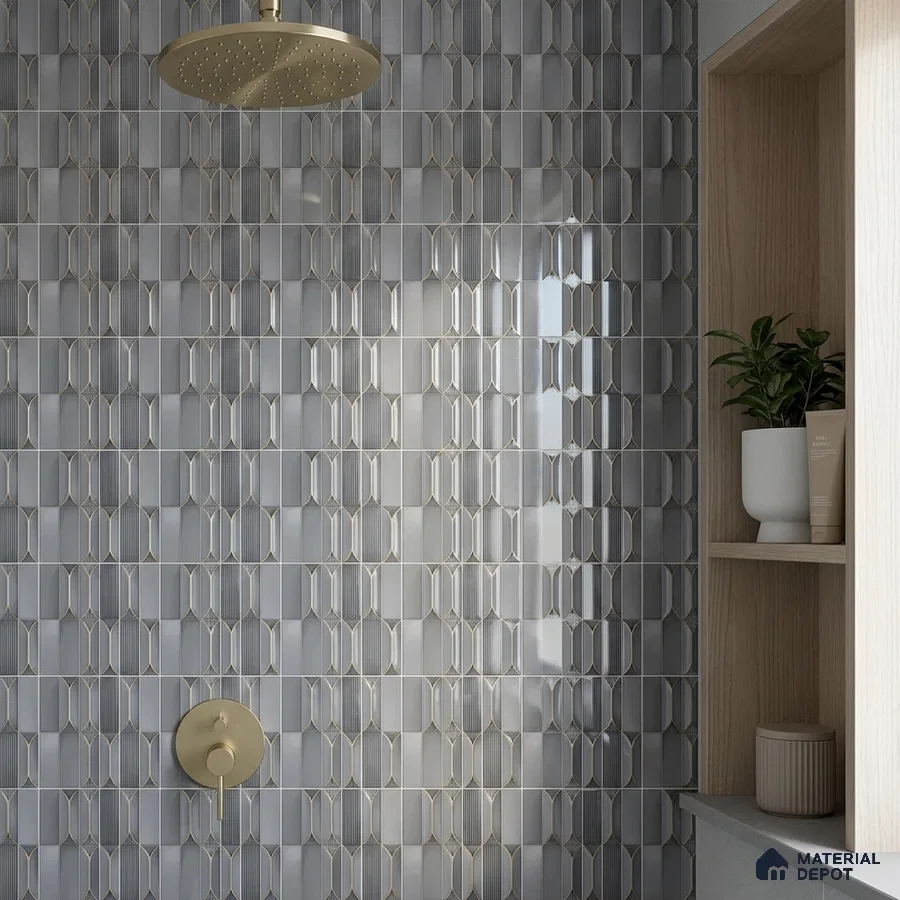 Modern Bathroom with Grey Picket Lantern Shower Tile and Brass Fixtures
