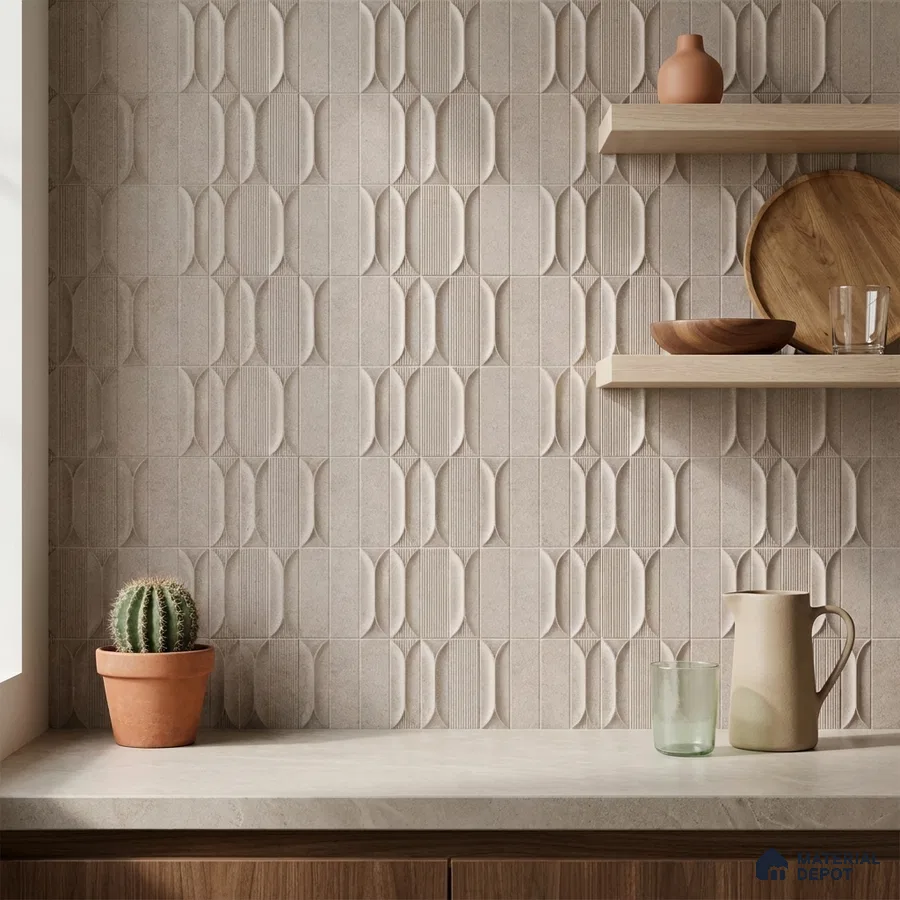 Japandi Kitchen with Greige Picket Lantern Backsplash Tile and Walnut Cabinets