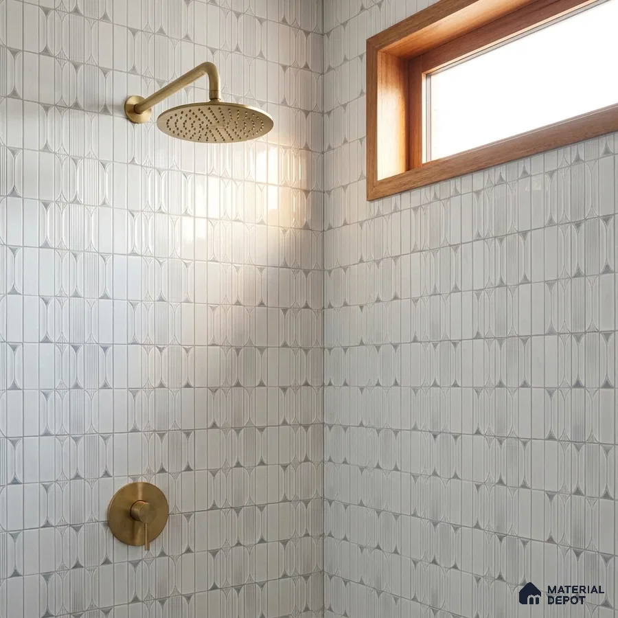 Modern Bathroom with White Picket Fluted Shower Tile and Brass Fixtures