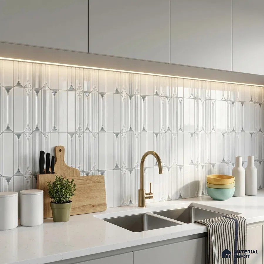 Modern Kitchen with White Picket Fluted Backsplash Tile and White Cabinets