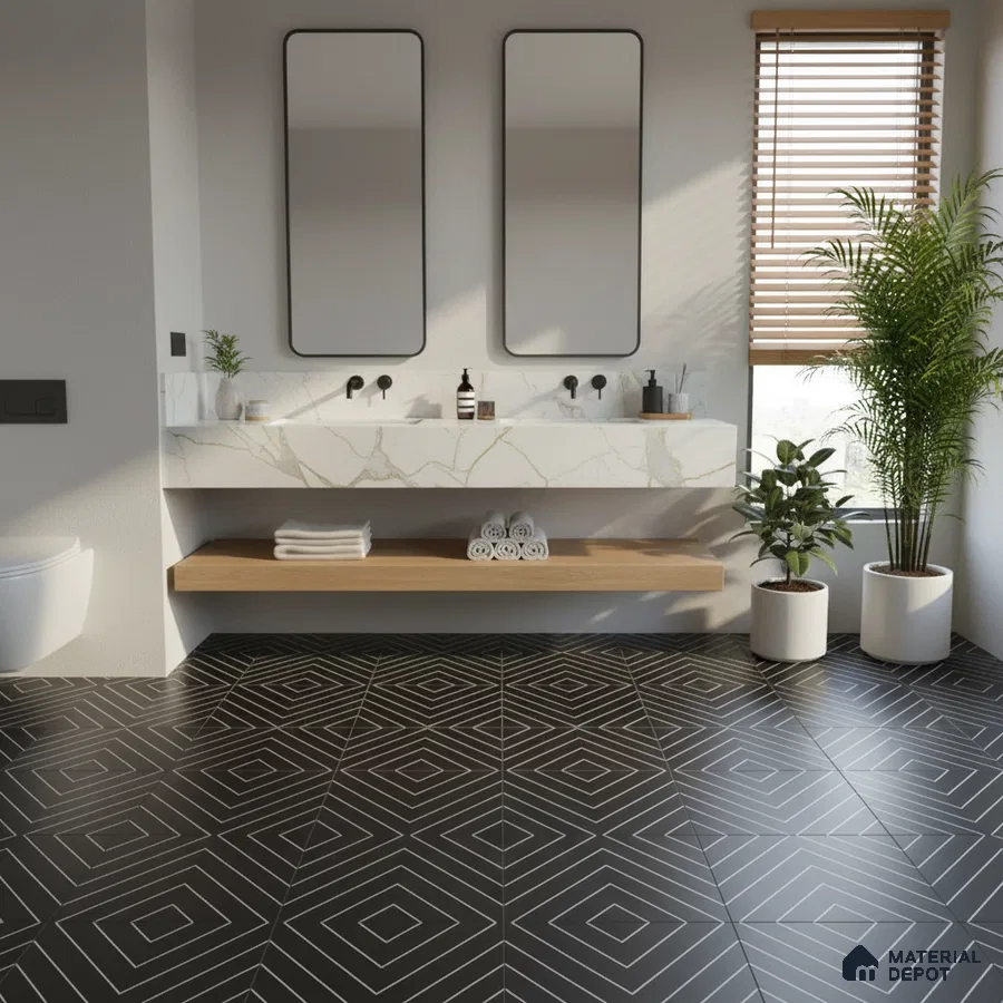 Modern bathroom with white marble vanity, oak shelf, and black geometric floor tiles