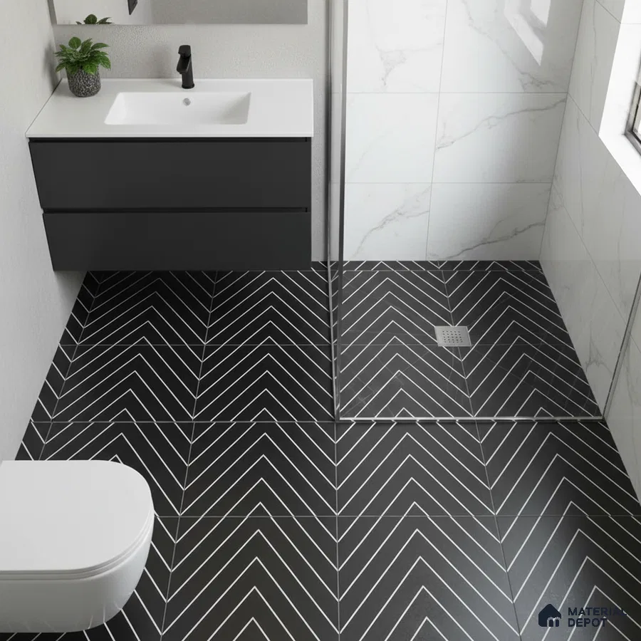 Modern bathroom with black chevron floor tiles and white marble wall tiles