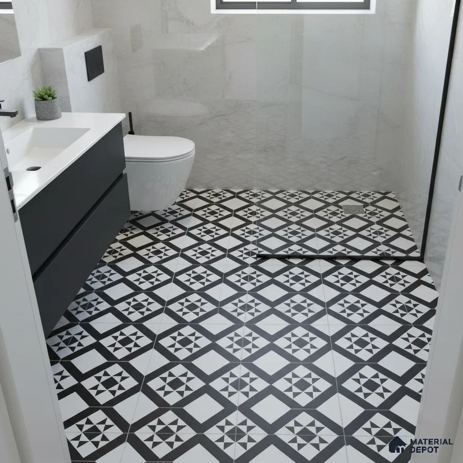 Modern bathroom with black-and-white geometric patterned floor tiles and marble wall tiles