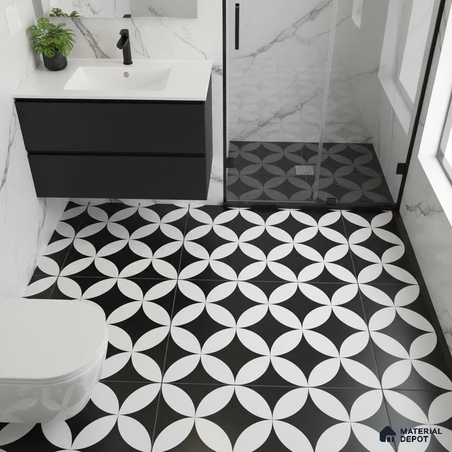 Modern bathroom with black-and-white geometric floor tiles and marble-look wall tiles