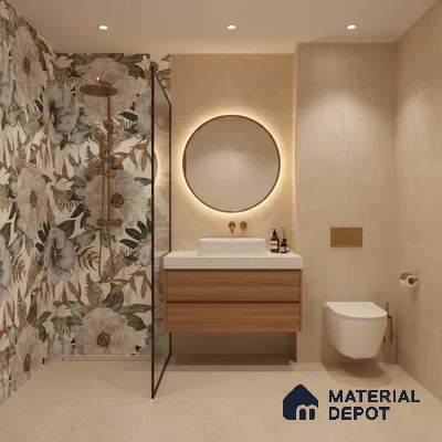 Modern bathroom with floral highlighter wall tiles, beige stone tiles, and wood vanity