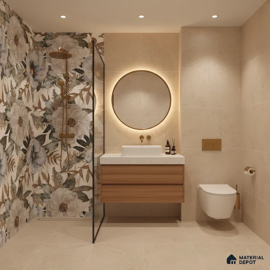 Modern bathroom with floral highlighter wall tiles, beige stone tiles, and wood vanity