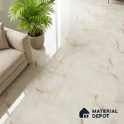Modern living room with beige sofa and polished marble-look floor tiles