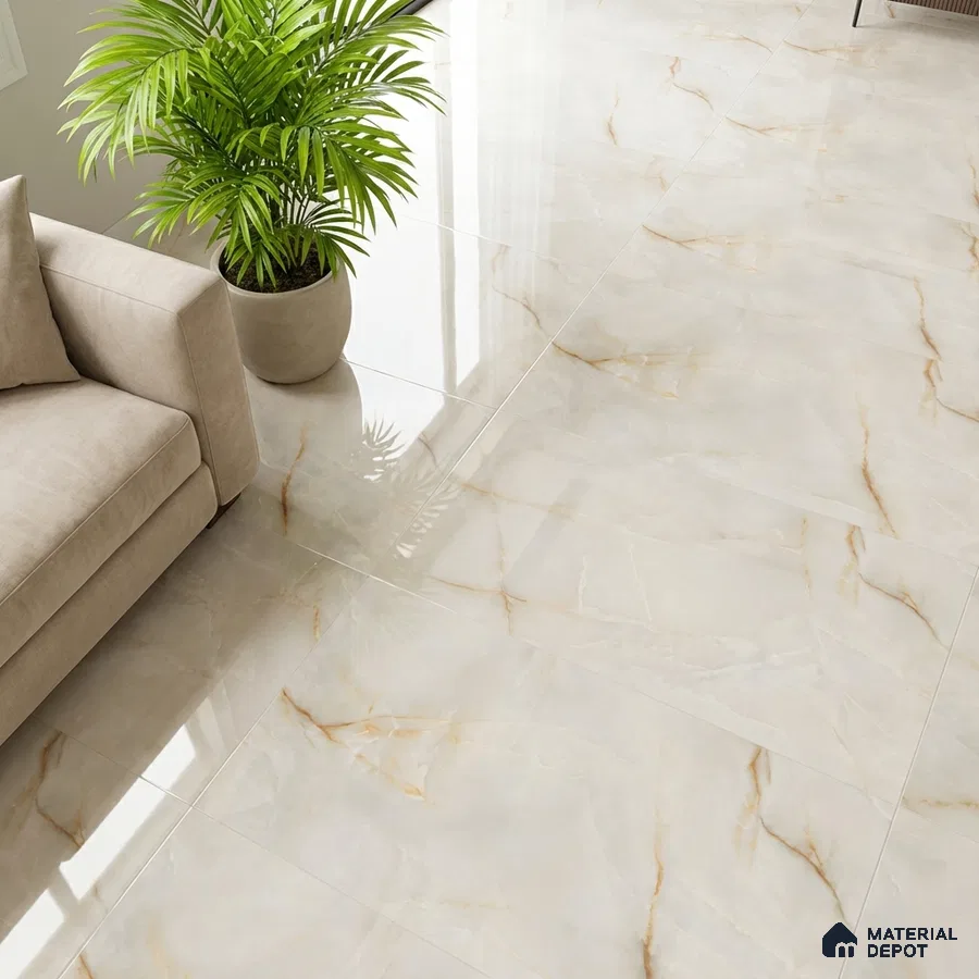 Modern living room with beige sofa and polished marble-look floor tiles