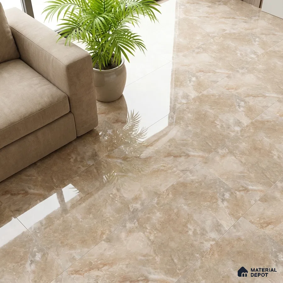 Modern living room with glossy beige marble-look floor tiles and taupe fabric sofa