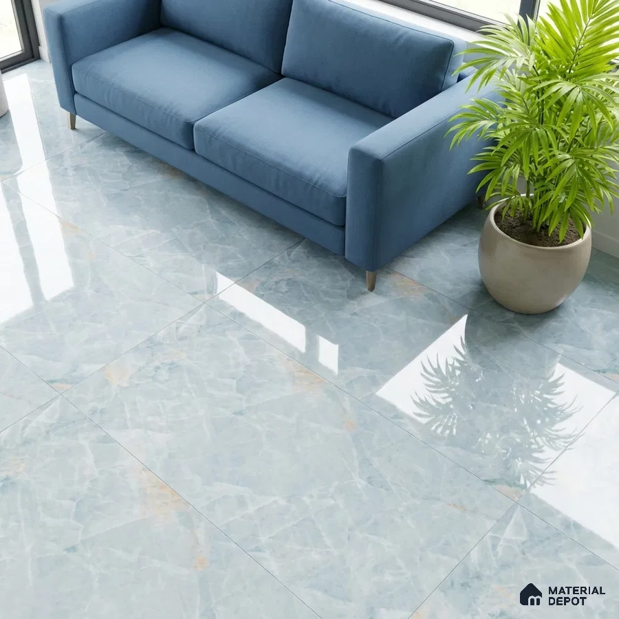 Modern living room with blue marble-look glossy floor tiles and blue fabric sofa