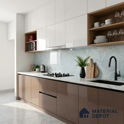 Modern kitchen with glossy beige and white laminate, marble-look backsplash, and white quartz countertop