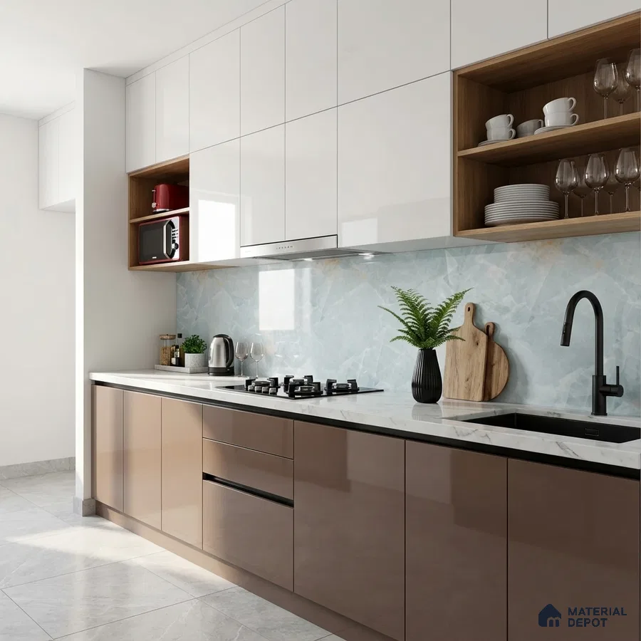 Modern kitchen with glossy beige and white laminate, marble-look backsplash, and white quartz countertop