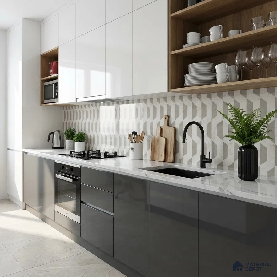 Modern kitchen with white and grey high gloss laminate, quartz countertop, and geometric backsplash tile