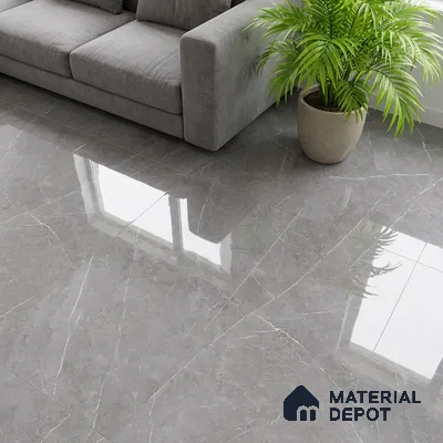 Modern living room with grey marble-look polished floor tiles and grey fabric sofa