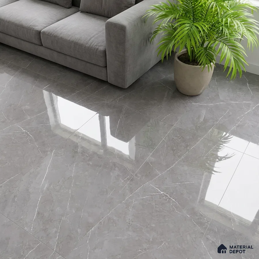 Modern living room with grey marble-look polished floor tiles and grey fabric sofa