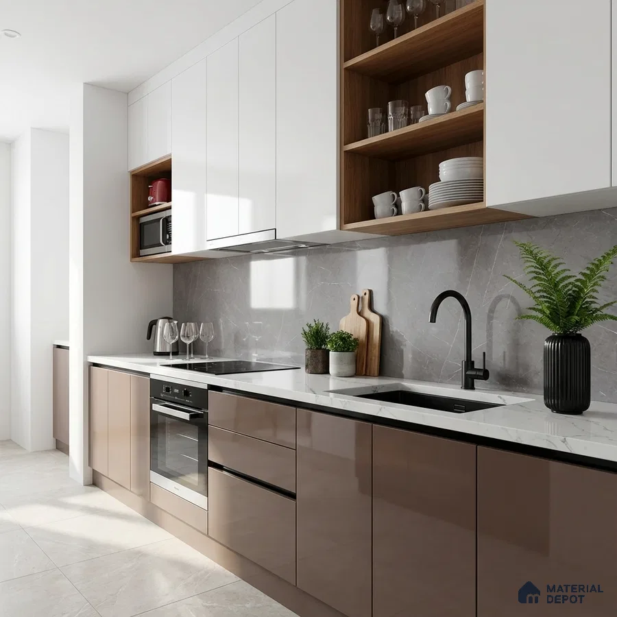 Modern kitchen with glossy taupe laminate, white marble-look countertop, and grey marble backsplash