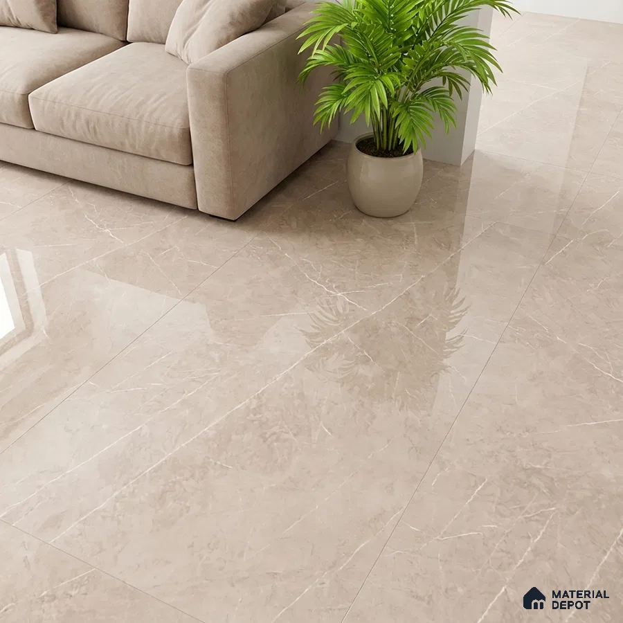 Modern living room with beige marble-look glossy floor tiles and suede sofa