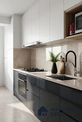 Modern kitchen with glossy black laminate base cabinets, frosty white laminate wall cabinets, and beige marble backsplash