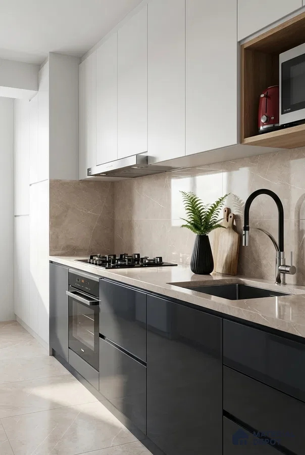Modern kitchen with glossy black laminate base cabinets, frosty white laminate wall cabinets, and beige marble backsplash