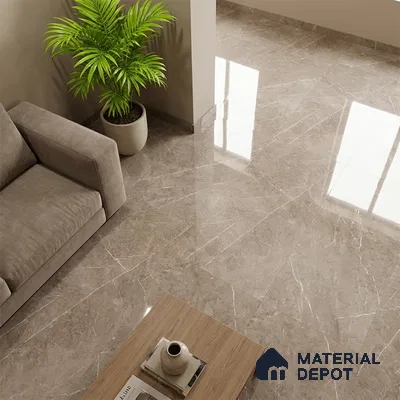Modern living room with beige marble-look glossy floor tiles and neutral fabric sofa