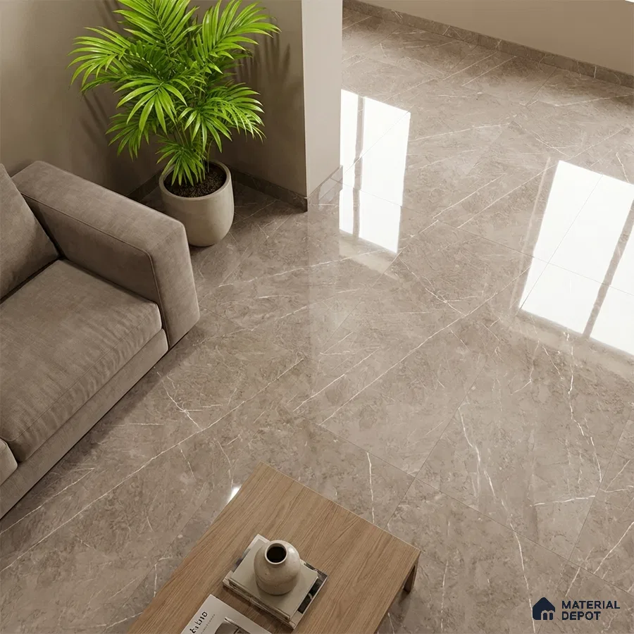 Modern living room with beige marble-look glossy floor tiles and neutral fabric sofa