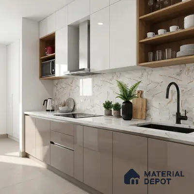 Modern kitchen with glossy taupe and white laminate, marble-look backsplash tile, and white quartz countertop