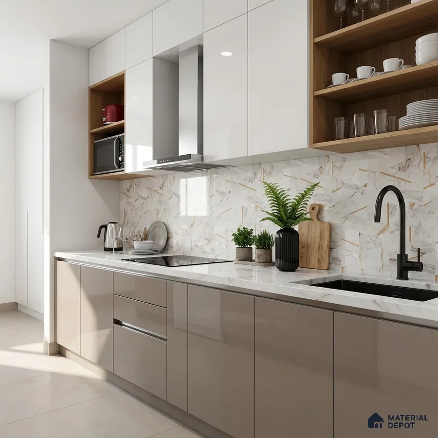 Modern kitchen with glossy taupe and white laminate, marble-look backsplash tile, and white quartz countertop