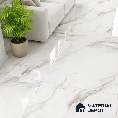 Modern living room with polished white marble-look floor tiles