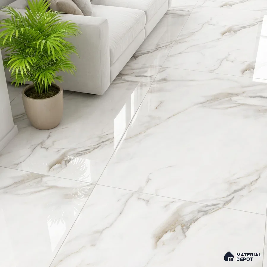 Modern living room with polished white marble-look floor tiles