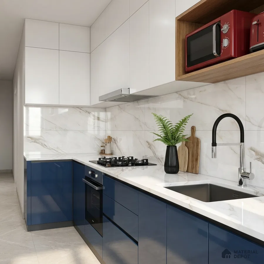 Modern dual tone kitchen with navy blue high gloss laminate, frosty white laminate, and marble-look backsplash tile