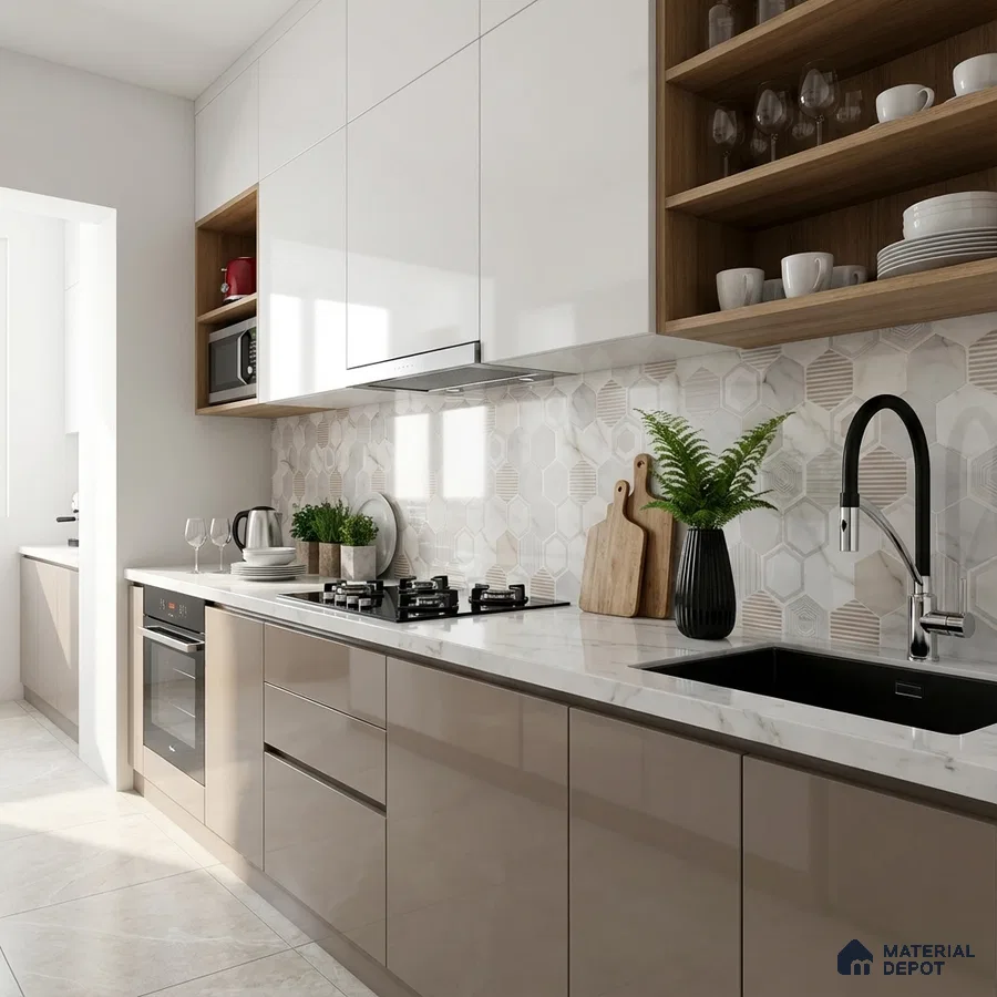 Modern kitchen with glossy beige and white laminate, marble-look quartz countertop, and hexagonal patterned backsplash tile