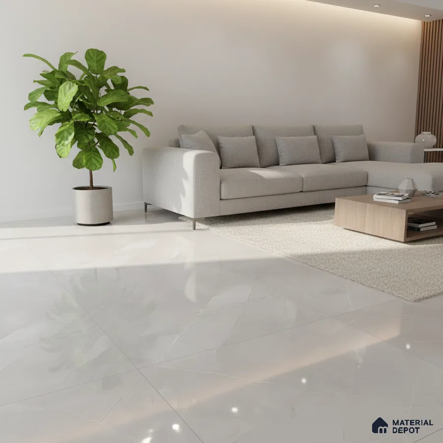 Minimalist living room with white marble floor tiles and light grey fabric sofa
