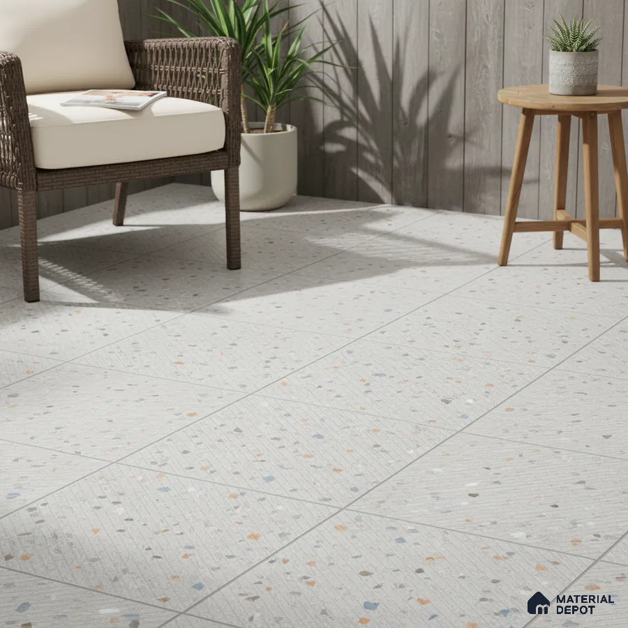 Scandinavian balcony with terrazzo floor tiles and wood plank wall panels