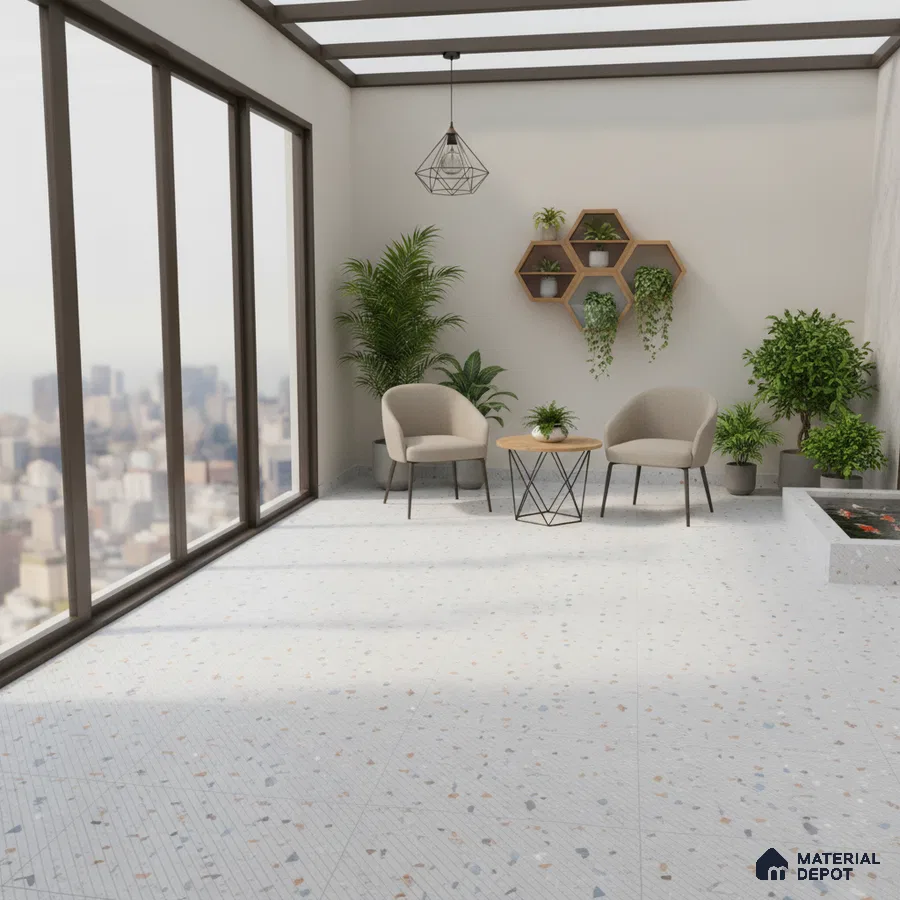 Minimalist balcony with terrazzo floor tiles and geometric wooden wall shelves