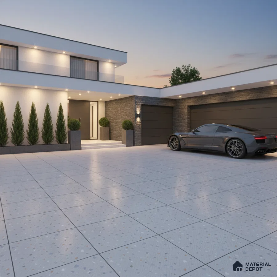 Modern parking with terrazzo floor tiles and stone cladding accent wall