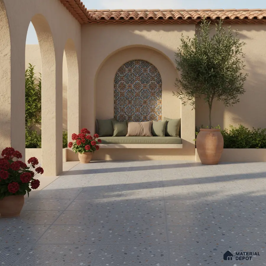Mediterranean outdoor patio with patterned moroccan wall tile and terrazzo floor tile