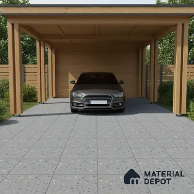 Modern parking with terrazzo floor tiles and natural wood cladding