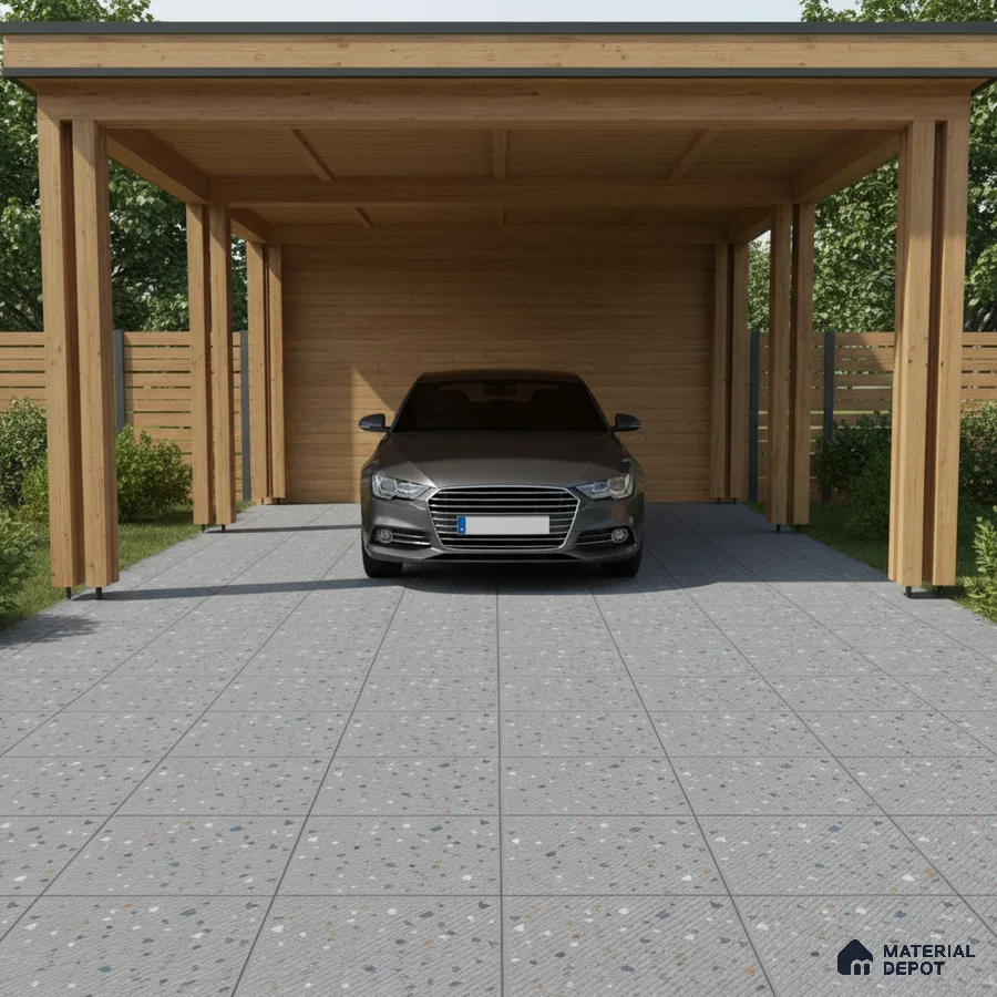 Modern parking with terrazzo floor tiles and natural wood cladding