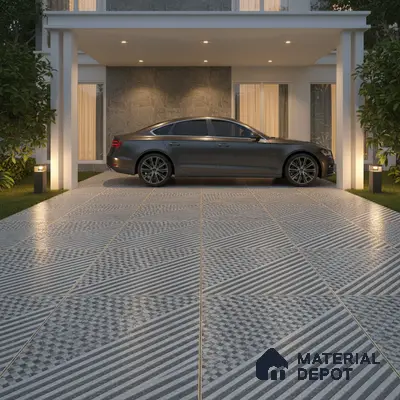 Modern parking with geometric grey and white patterned anti-skid floor tiles